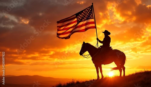 A cowboy on horseback holds the American flag atop a hill, silhouetted against a golden sunset.

