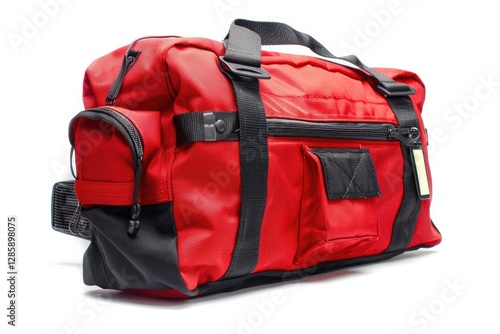 Red duffel bag with black accents, multiple pockets, and adjustable straps. photo