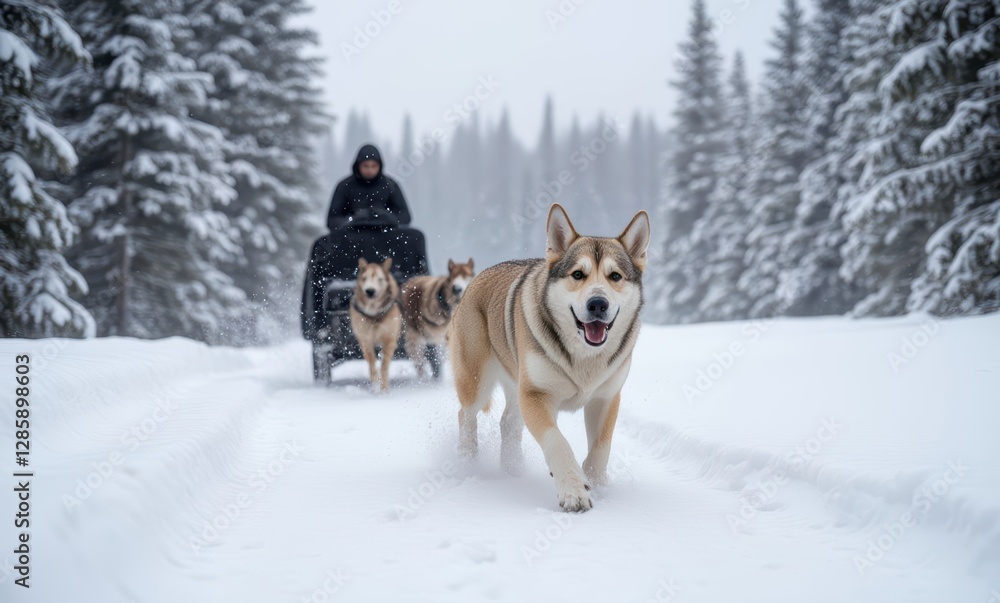 Sled dogs joyfully running in snow Sled dogs joyfully running in snow