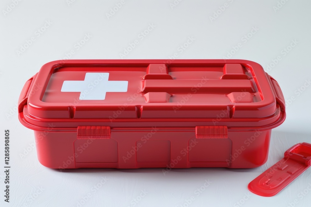A red plastic first-aid kit with a white cross on the lid, ready for emergencies. A red plastic first-aid kit with a white cross on the lid, ready for emergencies.