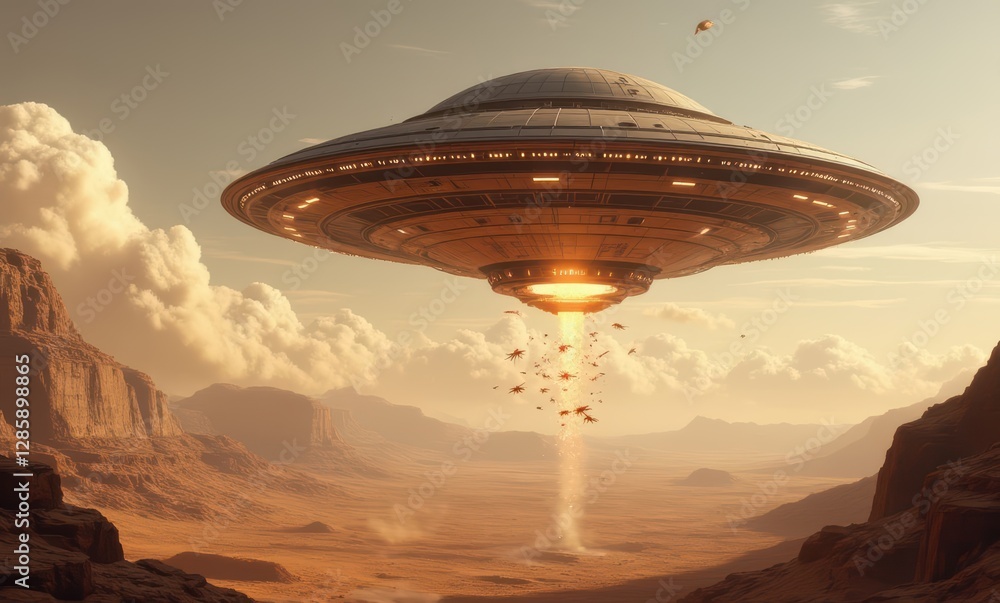 Alien spaceship hovering over desert Alien spaceship hovering over desert
