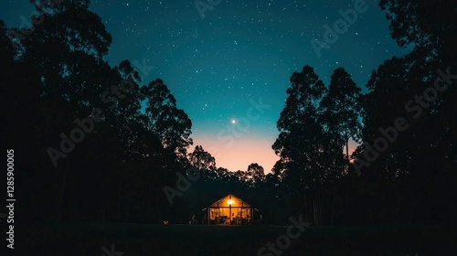 Cabin in woods under starry night sky at twilight