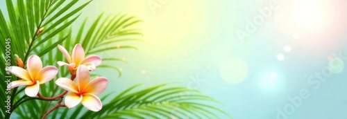 Banner flowers of a tropical orchid and a palm leaf on a rainbow background with space for text