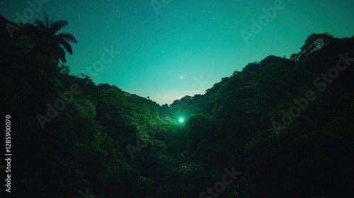 Tropical forest at night with stars, moon, and mysterious green light
