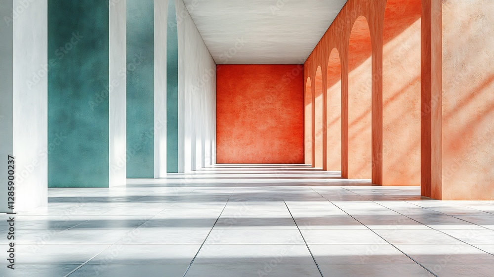 Fototapeta premium Sunlit Corridor Warm Orange Teal Walls Modern Architecture. AI Generated