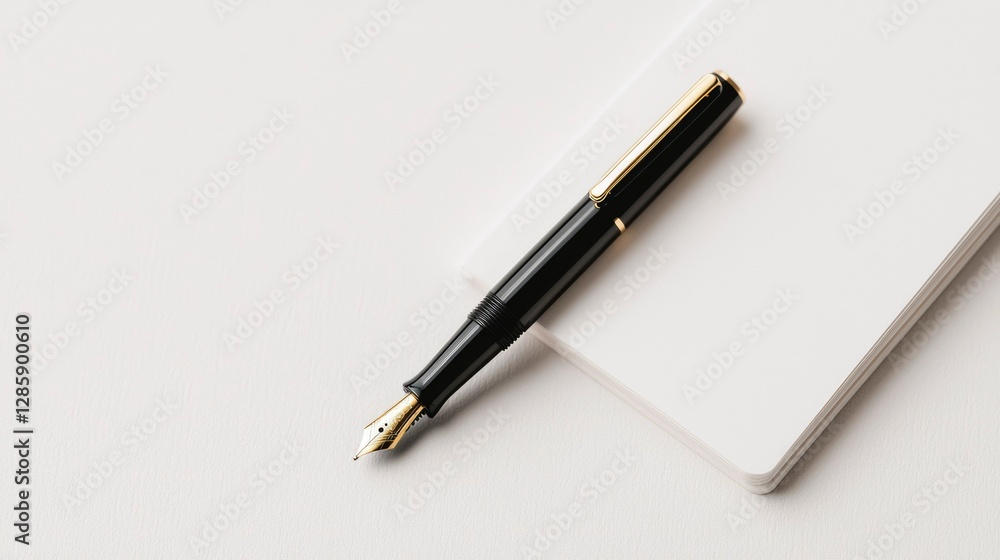 Black fountain pen on notepad, blank background, writing concept Black fountain pen on notepad, blank background, writing concept