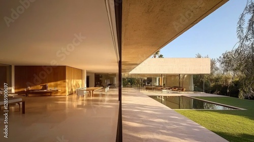 Modern house interior and exterior with pool and garden