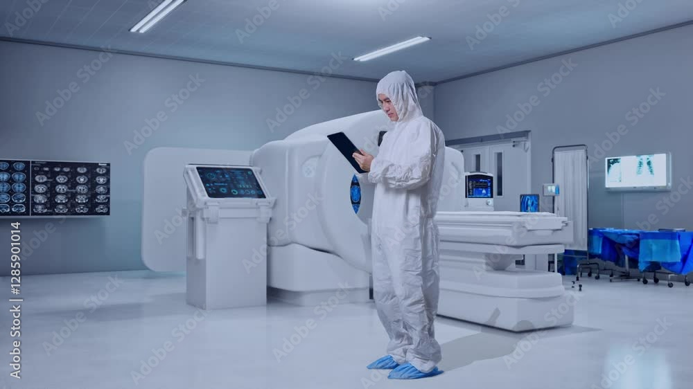 Full Body Side View Of Asian Male Scientist Using A Tablet While Standing With MRI Machine In The Hospital Full Body Side View Of Asian Male Scientist Using A Tablet While Standing With MRI Machine In The Hospital