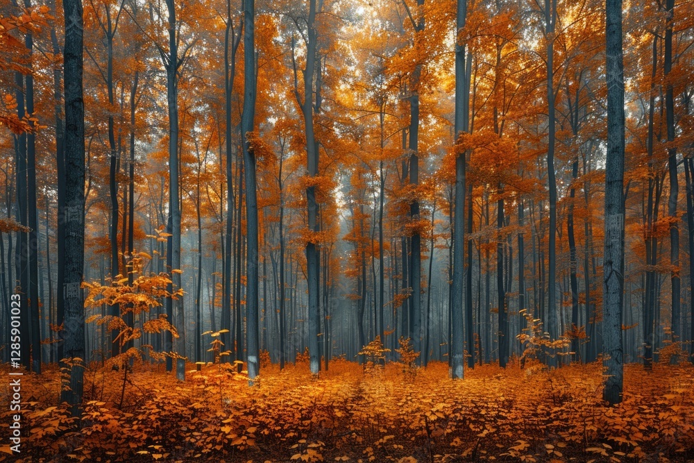 Misty autumn forest with tall trees and vibrant orange foliage, creating a serene and magical atmosphere. Misty autumn forest with tall trees and vibrant orange foliage, creating a serene and magical atmosphere.
