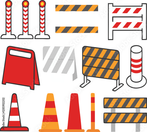 Road barrier and street barriers set. Vector illustration