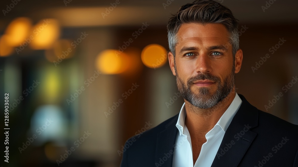 Fototapeta premium Man with a beard and a goatee is wearing a suit and a white shirt. He is smiling and looking directly at the camera