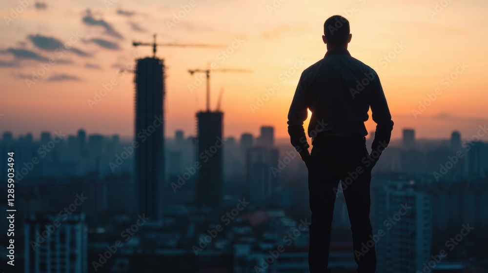 Fototapeta premium Engineering silhouette of industrial cranes concept. Silhouetted Engineer Overlooking Cityscape at Sunset