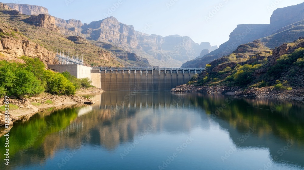 Fototapeta premium Dam reflecting in tranquil mountain lake