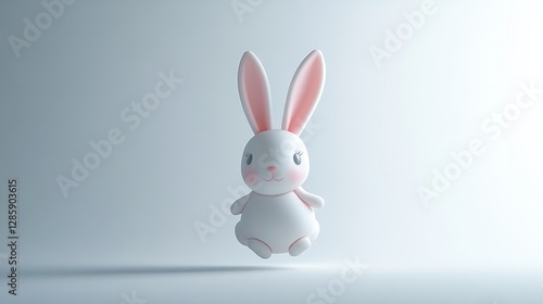 A 3D balloon shaped like a rabbit, white with pink ears, floating gently against a white background with minimal lighting  photo