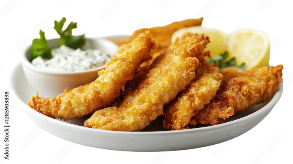 Crispy fried fish fillets served with dipping sauce and fresh lemon slices Crispy fried fish fillets served with dipping sauce and fresh lemon slices
