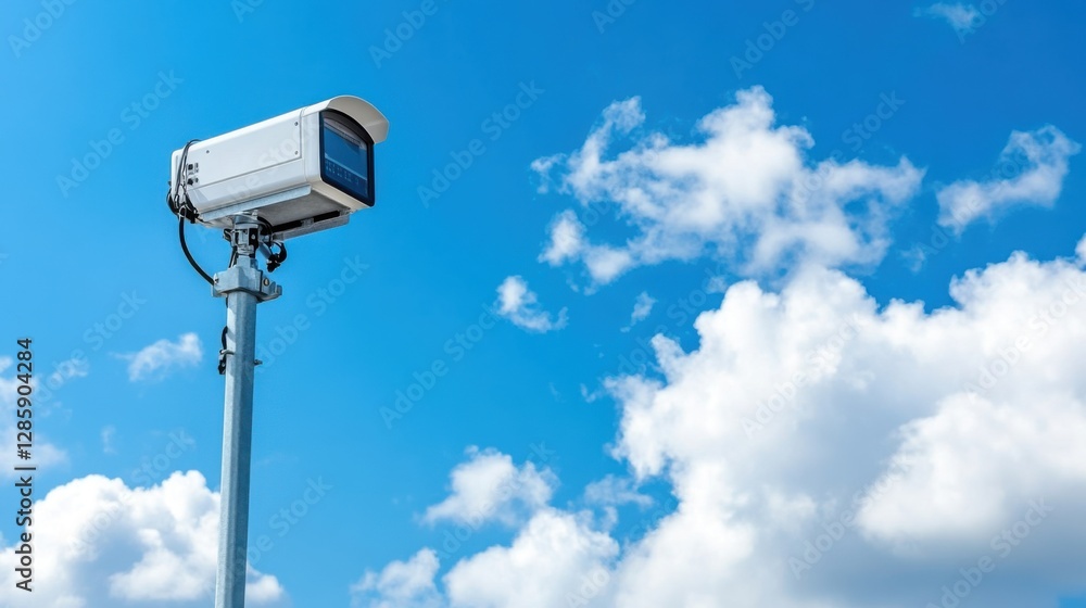 Surveillance Camera on a Pole Against a Clear Blue Sky with White Clouds in Daylight Surveillance Camera on a Pole Against a Clear Blue Sky with White Clouds in Daylight