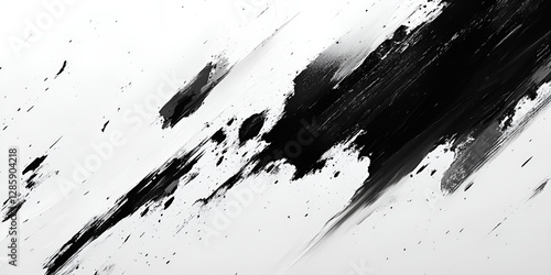 Abstract black and white brush stroke texture with diagonal paint splatter effects on a light background. Modern artistic composition. Design for wallpaper, poster, banner, print, and digital art