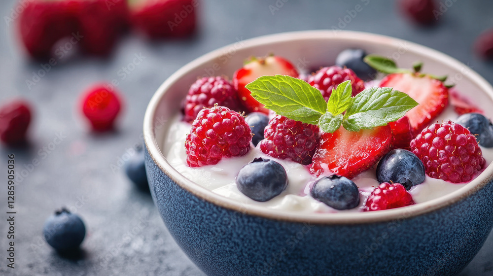 A vibrant bowl of yogurt with a medley of fresh berries and mint leaves, a delightful and healthy dessert or snack option, a refreshing and delicious choice A vibrant bowl of yogurt with a medley of fresh berries and mint leaves, a delightful and healthy dessert or snack option, a refreshing and delicious choice