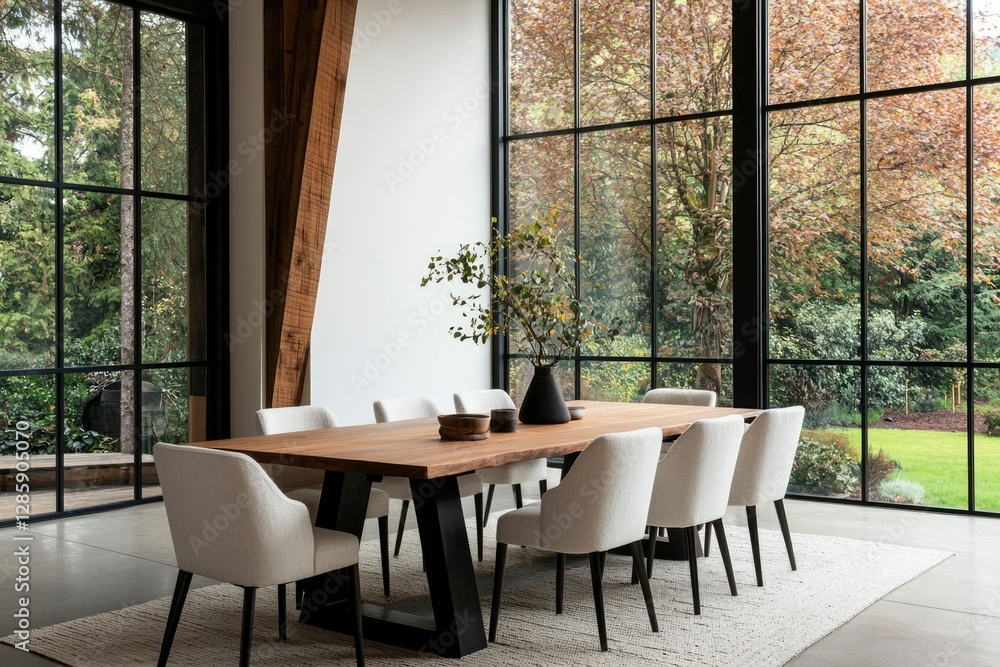 Fototapeta premium Modern dining room with forest view, ideal for interior design inspiration