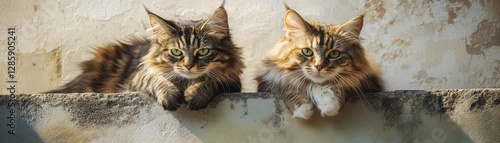 Two fluffy Maine Coon cats resting on a wall, basking in the warm sunlight. photo