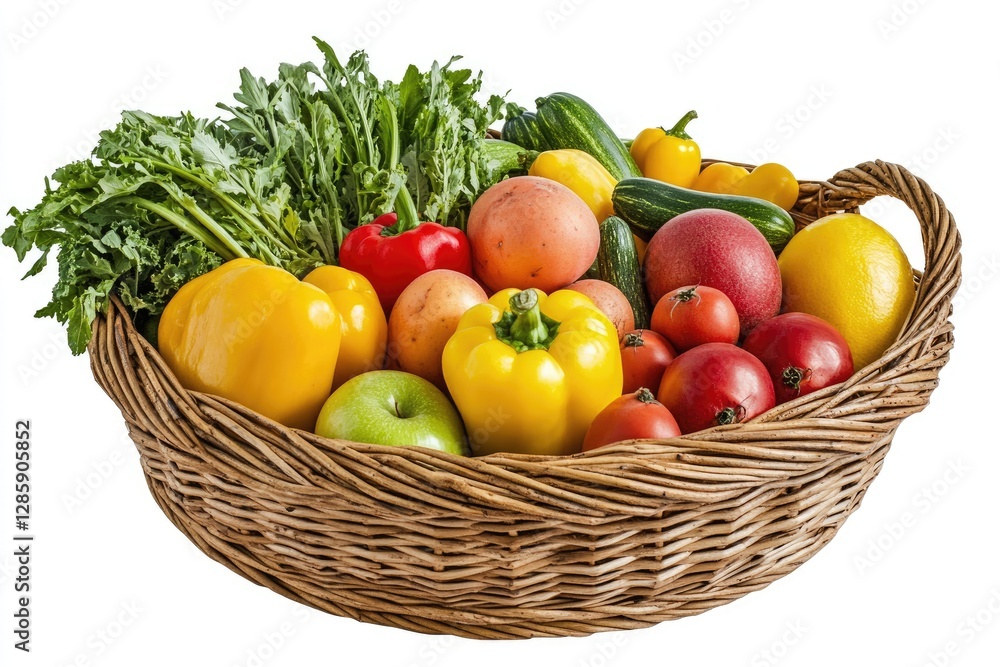 Colorful fresh produce in a woven basket against a plain background Colorful fresh produce in a woven basket against a plain background
