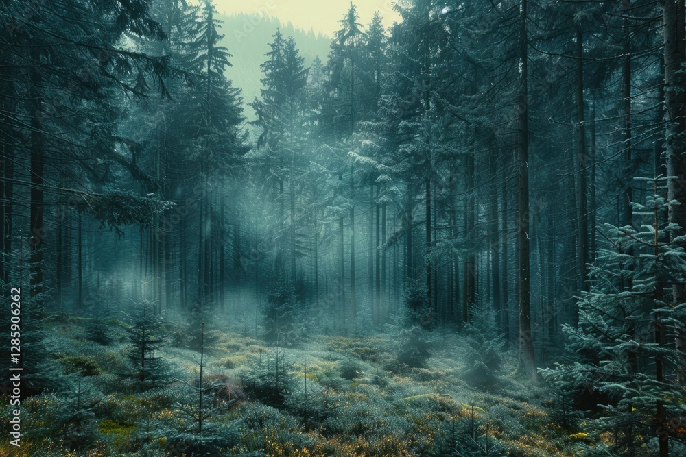 Naklejka premium A misty, ethereal forest scene with tall, dark evergreen trees and a carpet of low-lying vegetation.