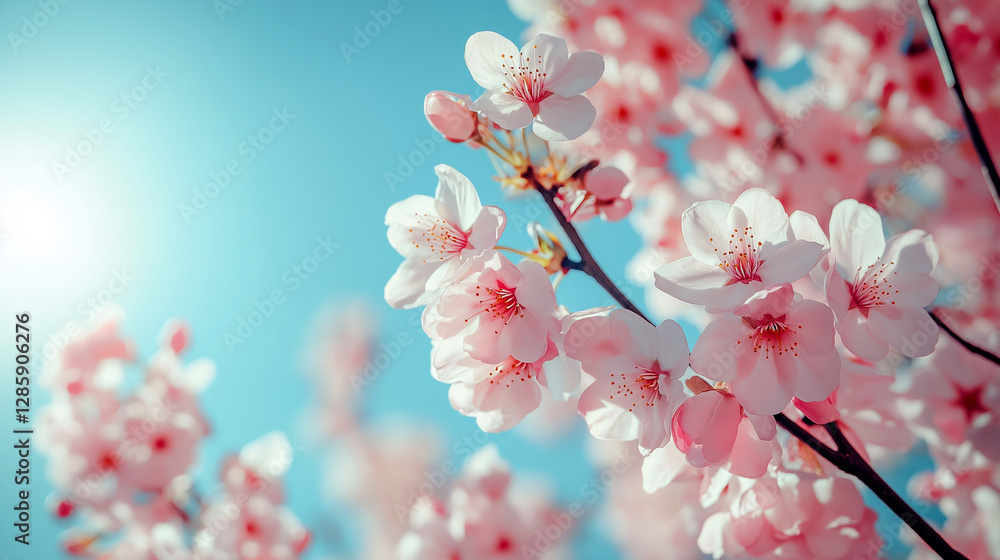 Soft pink cherry blossoms in full bloom against a clear blue sky, perfect for springtime designs, romantic themes, and nature-inspired backgrounds Soft pink cherry blossoms in full bloom against a clear blue sky, perfect for springtime designs, romantic themes, and nature-inspired backgrounds