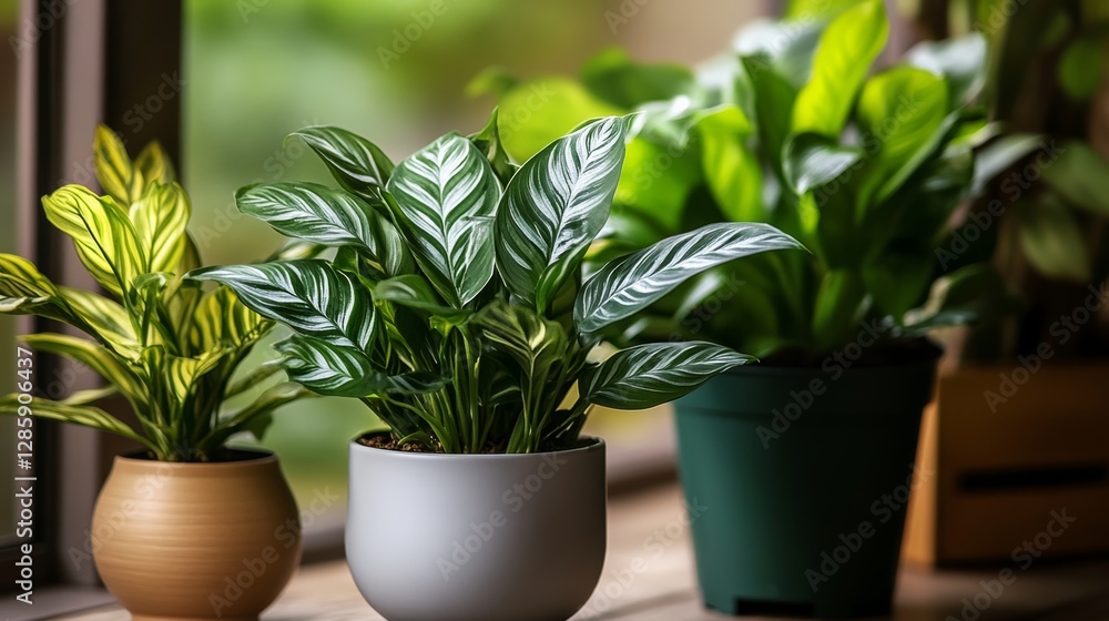Fototapeta premium Three potted plants sit on a windowsill, each with a different type of leaf. The plants are arranged in a row, with the tallest one in the middle and the shortest one on the left
