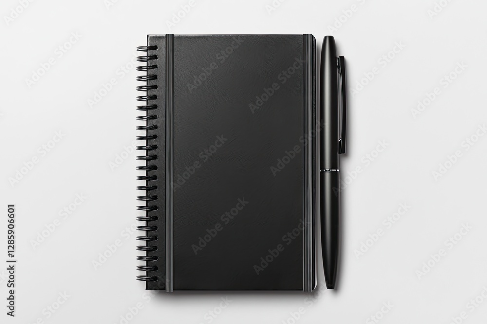 A sleek black notebook with a spiral binding and a black pen resting beside it, set against a minimalist background. A sleek black notebook with a spiral binding and a black pen resting beside it, set against a minimalist background.