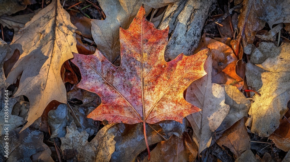 Autumnal Leaf Symphony: A Single Maple Leaf's Radiance Amidst Fallen Companions Autumnal Leaf Symphony: A Single Maple Leaf's Radiance Amidst Fallen Companions