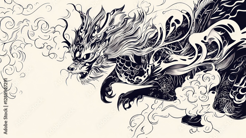 Obraz premium Mythical dragon, swirling clouds, artistic design, fine art print