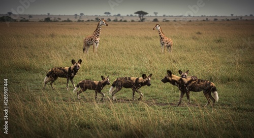 African painted dogs on the savanna with giraffes in the background photo