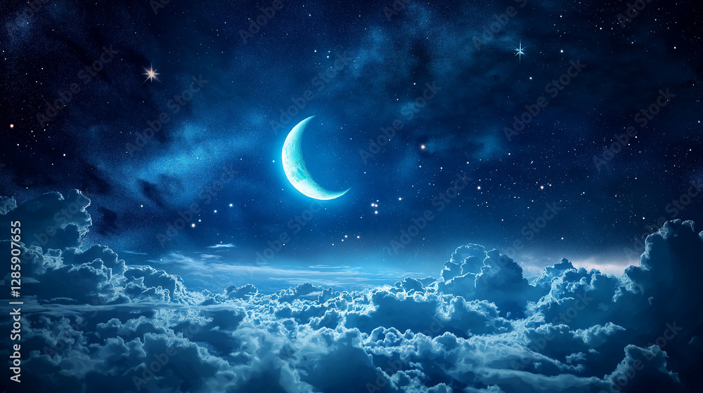 Dreamy crescent moon in a starry night sky above glowing clouds for fantasy themes, relaxation content, and celestial backgrounds Dreamy crescent moon in a starry night sky above glowing clouds for fantasy themes, relaxation content, and celestial backgrounds