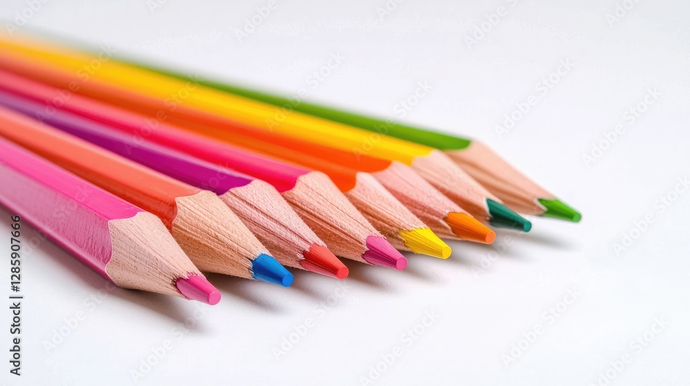 A vibrant array of colored pencils lined up, showcasing a spectrum of colors on a clean, white background. A vibrant array of colored pencils lined up, showcasing a spectrum of colors on a clean, white background.