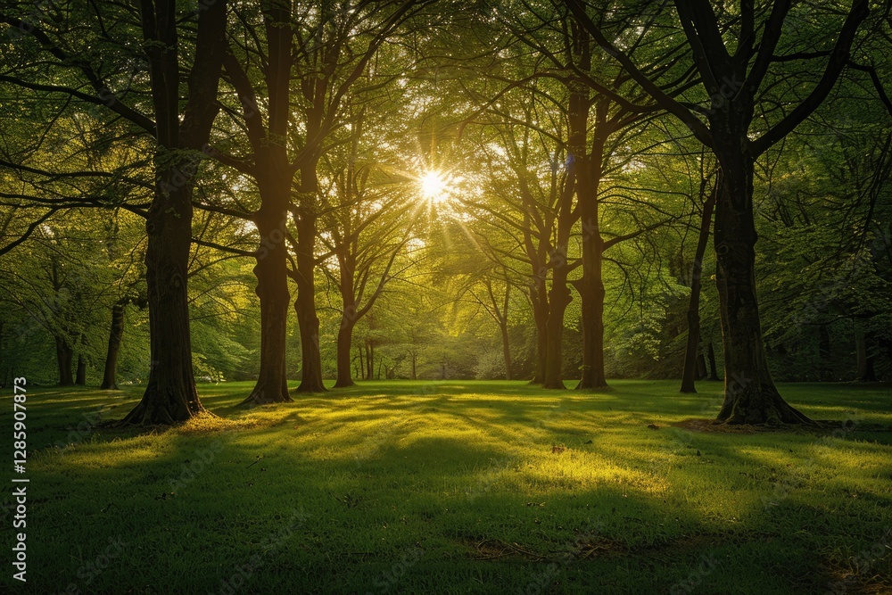 Sunlit glade in a lush green forest, tall trees casting long shadows on the grass. Sunlit glade in a lush green forest, tall trees casting long shadows on the grass.