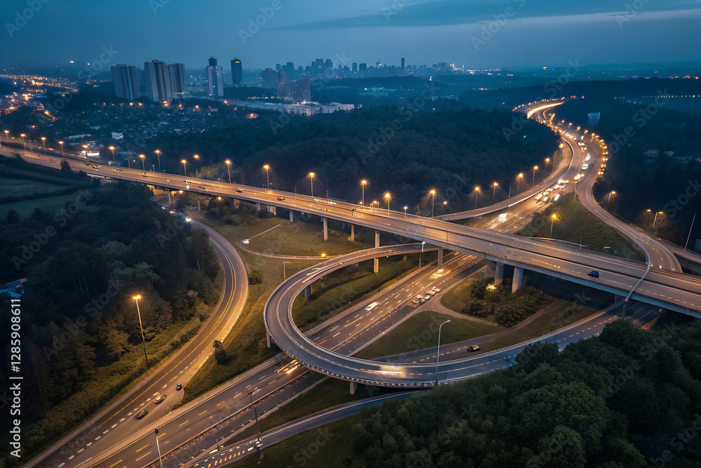 Fototapeta premium Aerial View of a Highway Interchange at Night – Urban Infrastructure