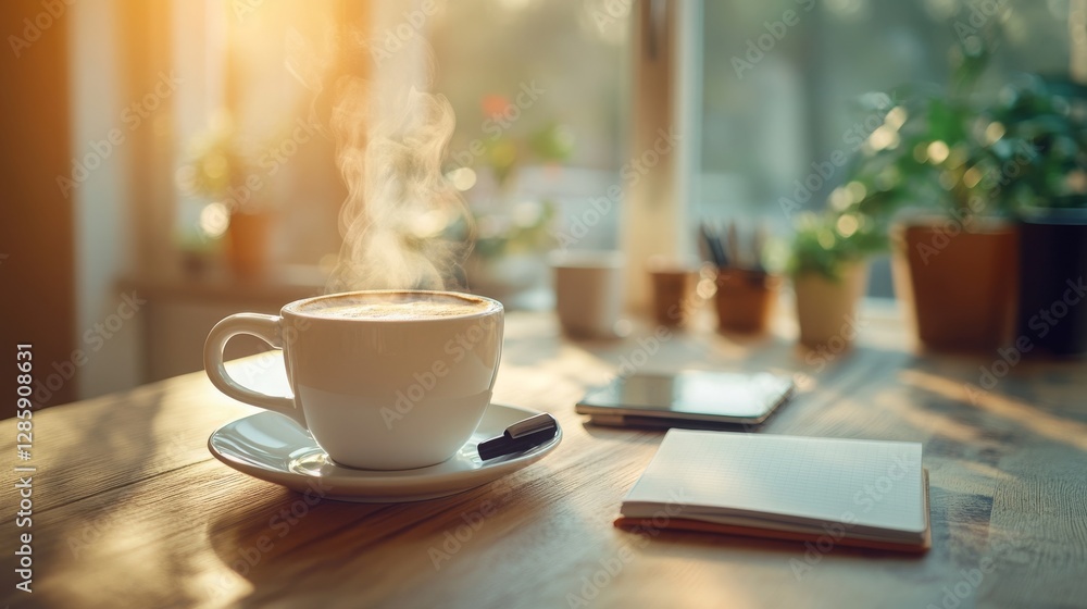 Peaceful morning coffee setup with notebook and smartphone in warm sunlit workspace Peaceful morning coffee setup with notebook and smartphone in warm sunlit workspace