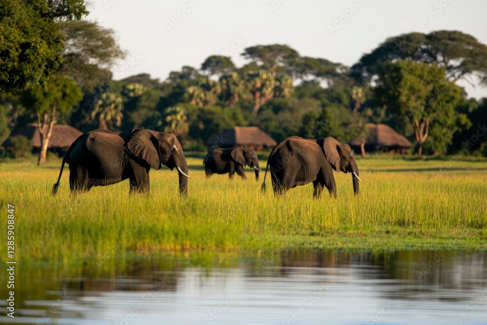 Fototapeta premium Elephants graze in lush grassland by tranquil river at sunrise