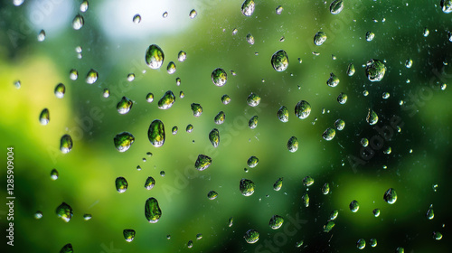 Wallpaper Mural Macro shot of raindrops clinging to a glass surface with blurred green nature reflecting within each drop creating a serene and refreshing natural background Torontodigital.ca