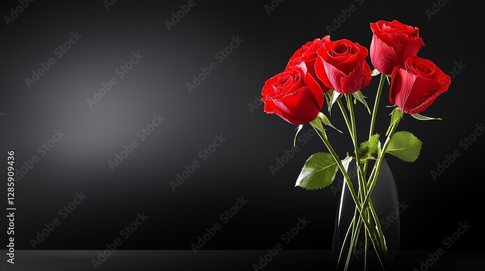 Vase of red roses sits on a dark background. The roses are the main focus of the image, and they appear to be the most important element. The dark background creates a sense of depth and contrast Vase of red roses sits on a dark background. The roses are the main focus of the image, and they appear to be the most important element. The dark background creates a sense of depth and contrast