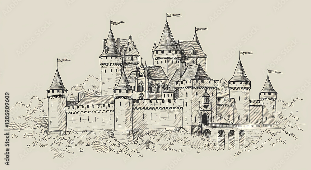 Fototapeta premium Hand-drawn Illustration of a Majestic Medieval Castle