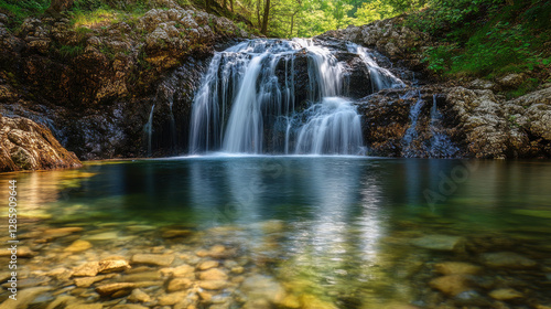 Captivating waterfall cascading into a pristine pool with crystal-clear water and lush green surroundings creating a peaceful natural landscape
