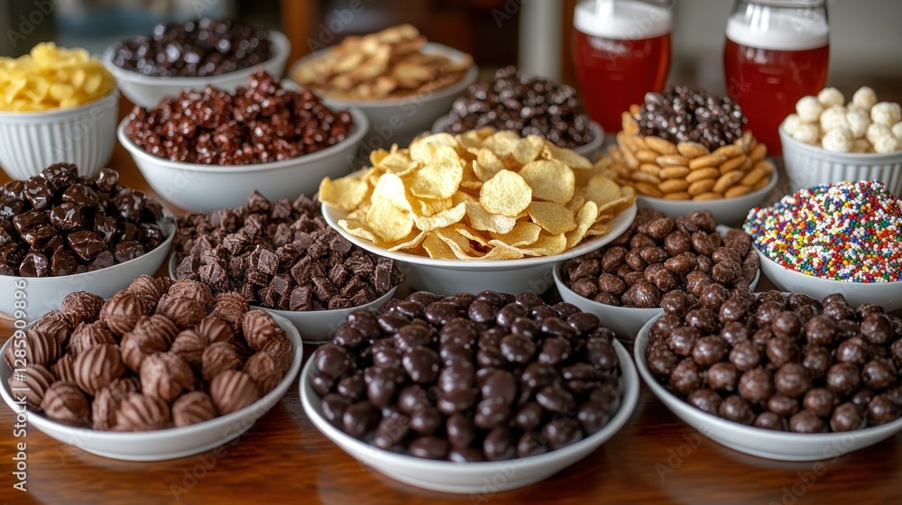 Assorted snacks in bowls on table with drinks in background Assorted snacks in bowls on table with drinks in background