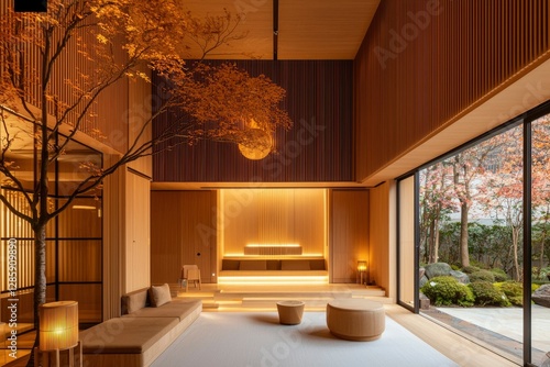 Modern wooden interior with garden view, ideal for relaxation or hospitality