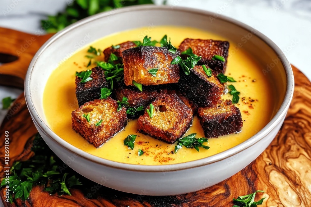 Creamy pumpkin soup with croutons garnished with parsley in bowl Creamy pumpkin soup with croutons garnished with parsley in bowl