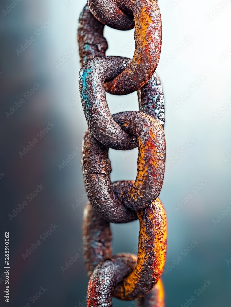 Chain is shown in a close up, with the links being rusty and the chain itself being worn. Concept of decay and wear, as the chain has been exposed to the elements and has become worn down over time Chain is shown in a close up, with the links being rusty and the chain itself being worn. Concept of decay and wear, as the chain has been exposed to the elements and has become worn down over time