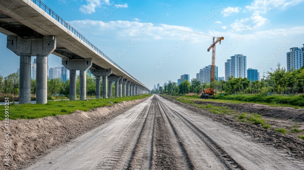 Obraz premium Construction Site with Elevated Train Track and Urban Skyline Under Bright Sky and Clouds