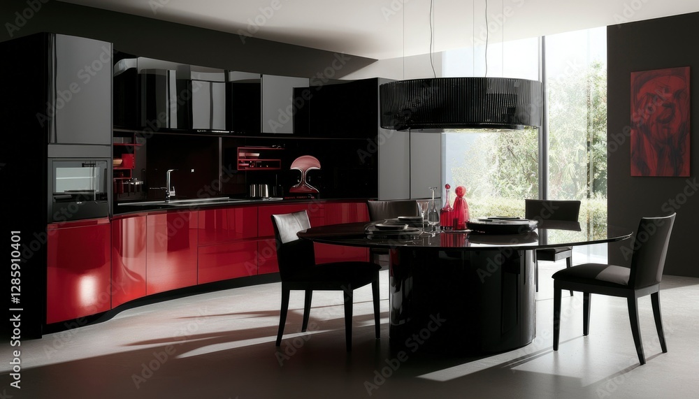Modern red and black kitchen with dining area and garden view Modern red and black kitchen with dining area and garden view