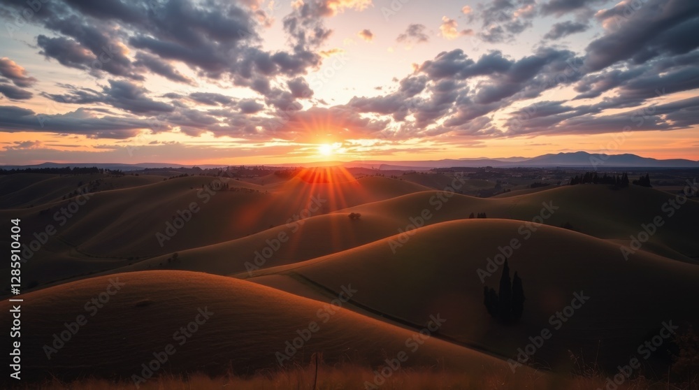Rolling Hills at Sunset with Dramatic Sky and Sun Rays Rolling Hills at Sunset with Dramatic Sky and Sun Rays
