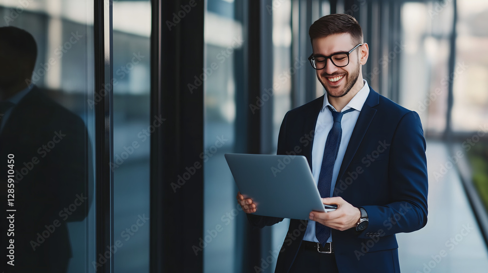 Smiling businessman working on laptop in office Smiling businessman working on laptop in office